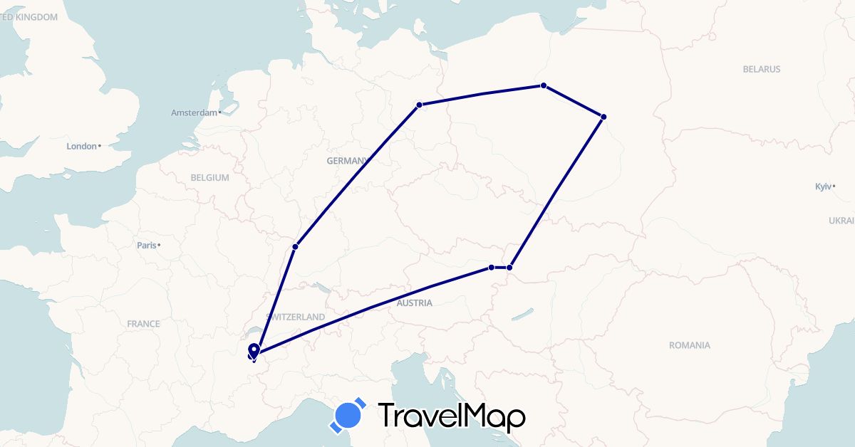 TravelMap itinerary: driving in Austria, Germany, France, Poland, Slovakia (Europe)